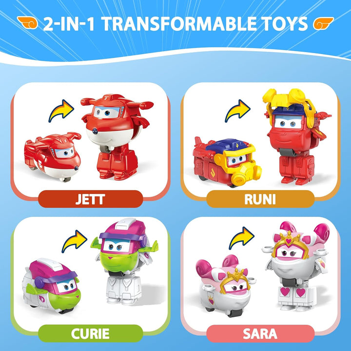 Super Wings 2 inch Verwandlungsspielzeug 4er Pack, Jett, Curie, Runi und Sara, Flugzeug Spielzeug Fa
