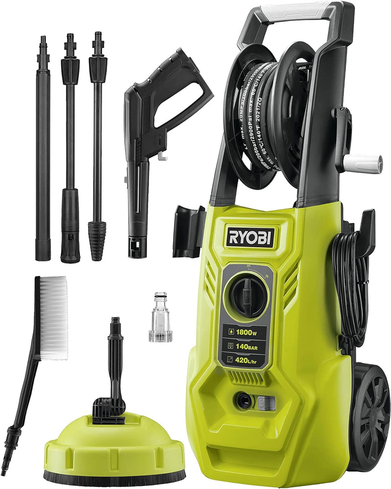 RYOBI RY110PWA-P Hochdruckreiniger - 130 bar 1800 W + 1 Mehrflächenbürste, 1 rotierende Bürste, 2 La
