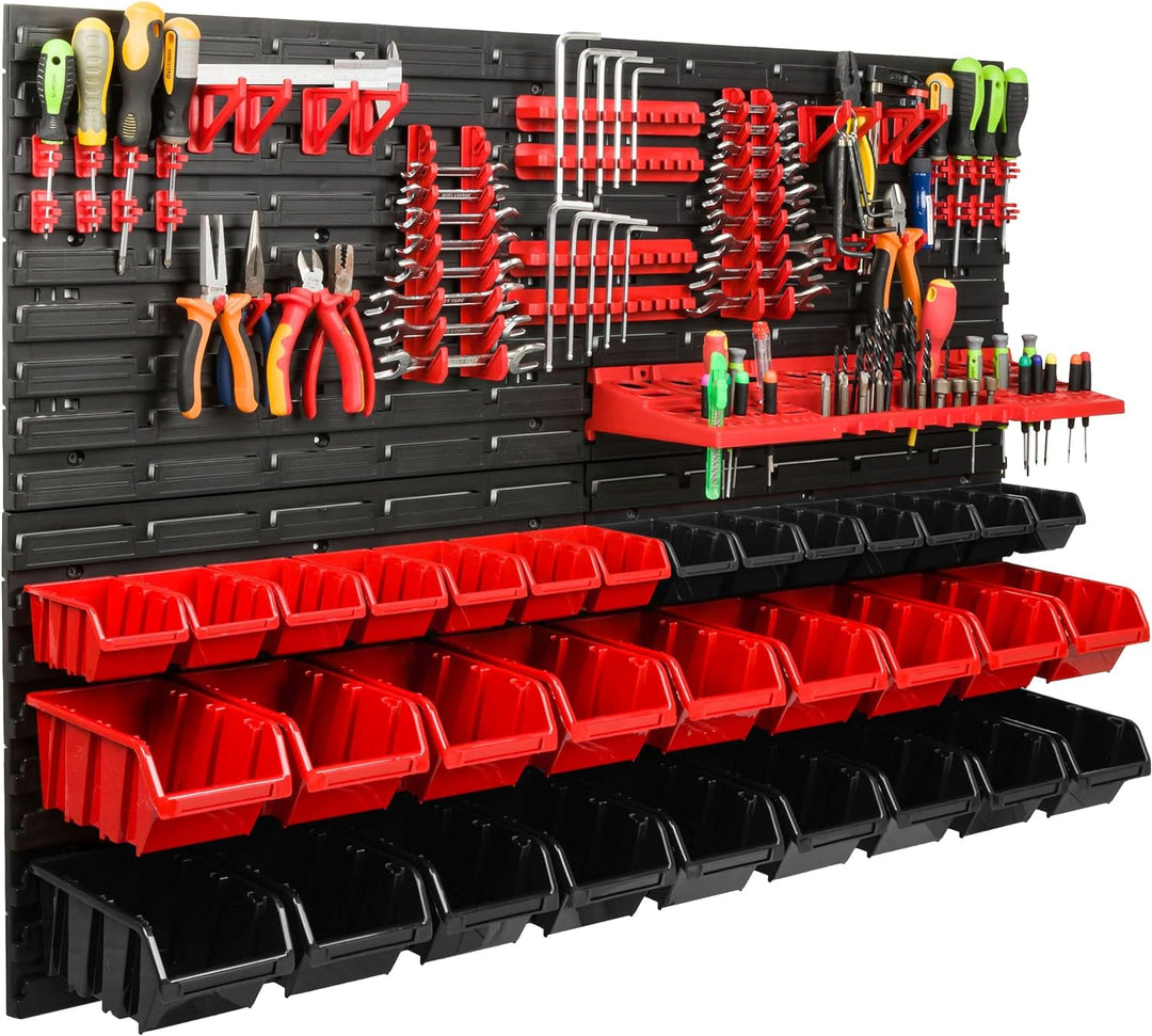 Lagersystem Werkstattregal | 115 x 78 cm | 32 stck. Box | Wandregal mit Werkzeughalterungen und Stap