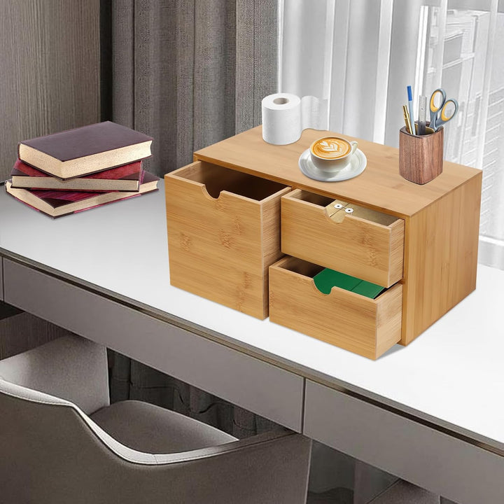 Bambus Schreibtisch Organizer mit 3 Schubladen Naturbambus Aufbewahrungsbox Schubladenbox mit Platzi