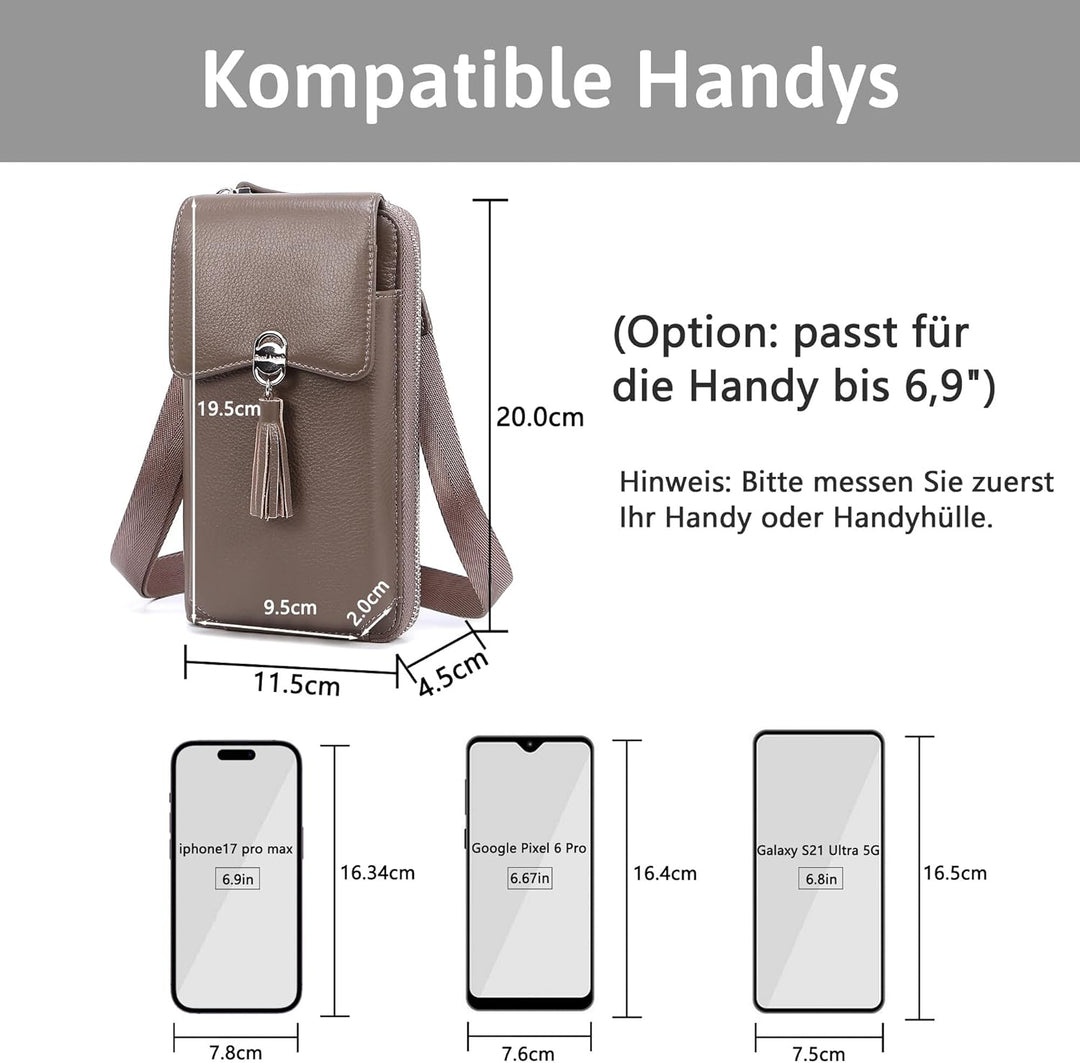 Pearl Angeli Weiches Echtes Leder Handy Umhängetasche - Handytasche Geldbörse Damen RFID Schutz klei