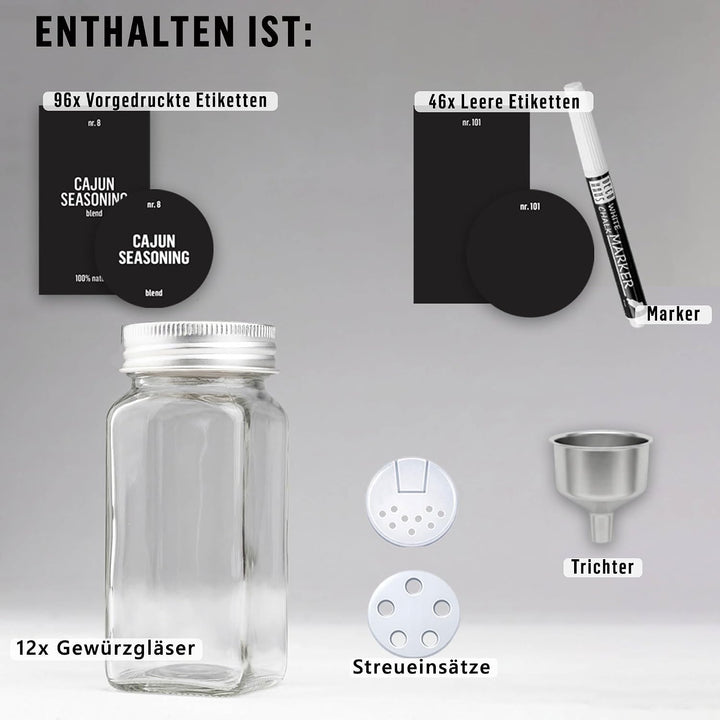 Deco haus® Gewürzgläser eckig mit Schraubkappe 12er Set [+Etiketten & Streueinsatz] - Gewürzdosen Se