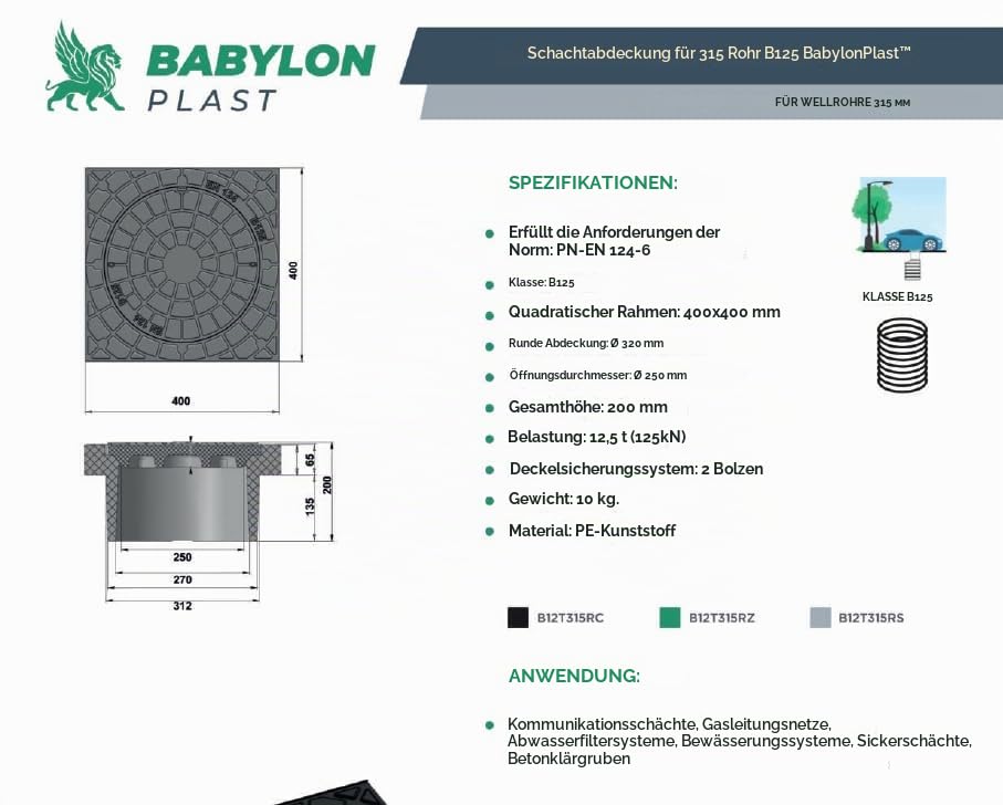 BABYLONPLAST Schachtabdeckung, Telskopabdeckung Rohr DN315 mm Kl.B125 (400x400 mm) Schachtdeckel, Be