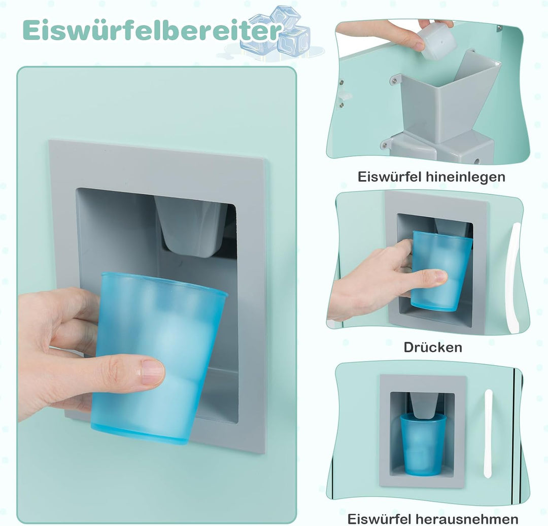 COSTWAY Kinderküche inkl. Zubehör, Spielküche Holz mit Tafel &amp; Mikrowelle &amp; Eismaschine, Spielzeugkü