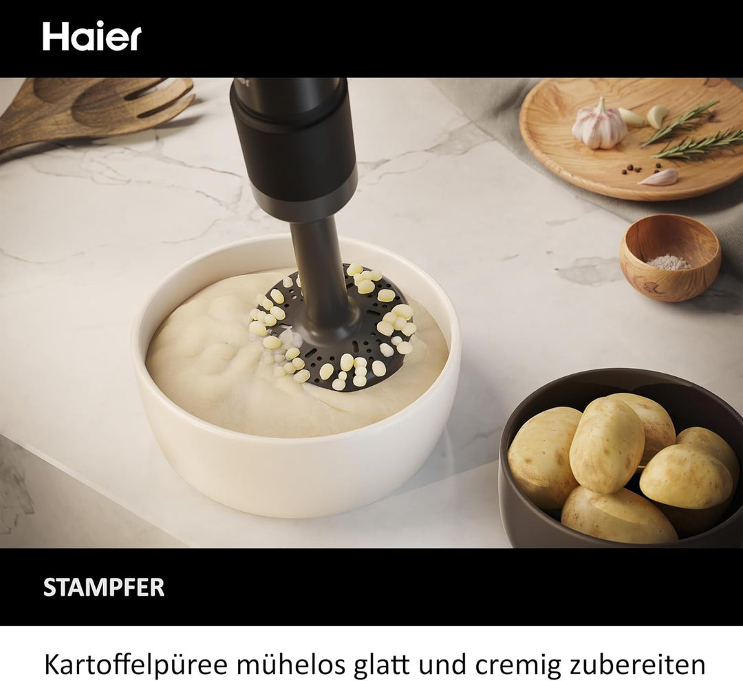 Haier Stabmixer 4-in-1 mit Messbecher, Quirl, Stampfer, Zerkleinerer I 1000W Pürierstab aus Edelstah