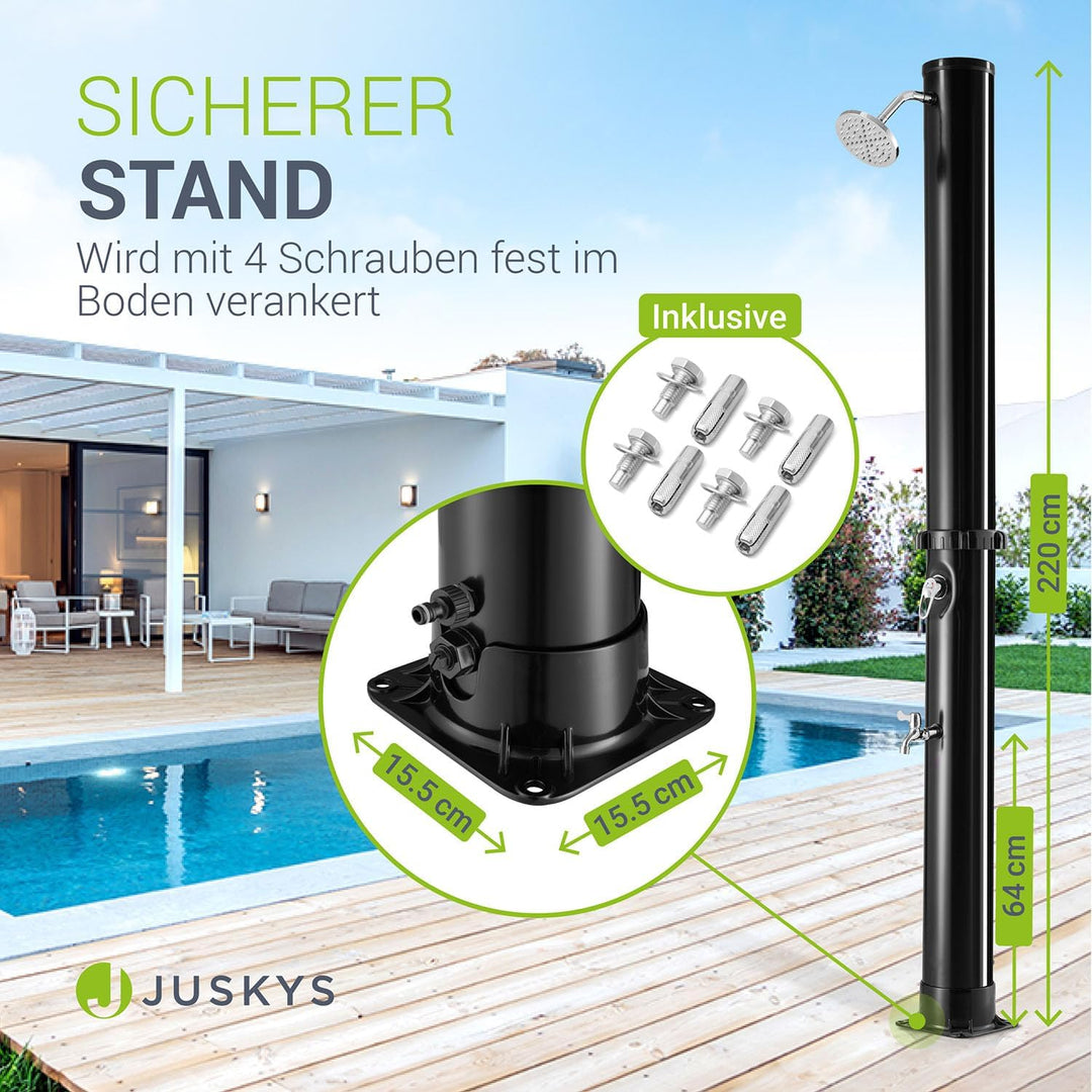 Juskys Solardusche Victoria 20/35 Liter - bis 60°C – mit schwenkbarem Duschkopf, Fussdusche & Garten