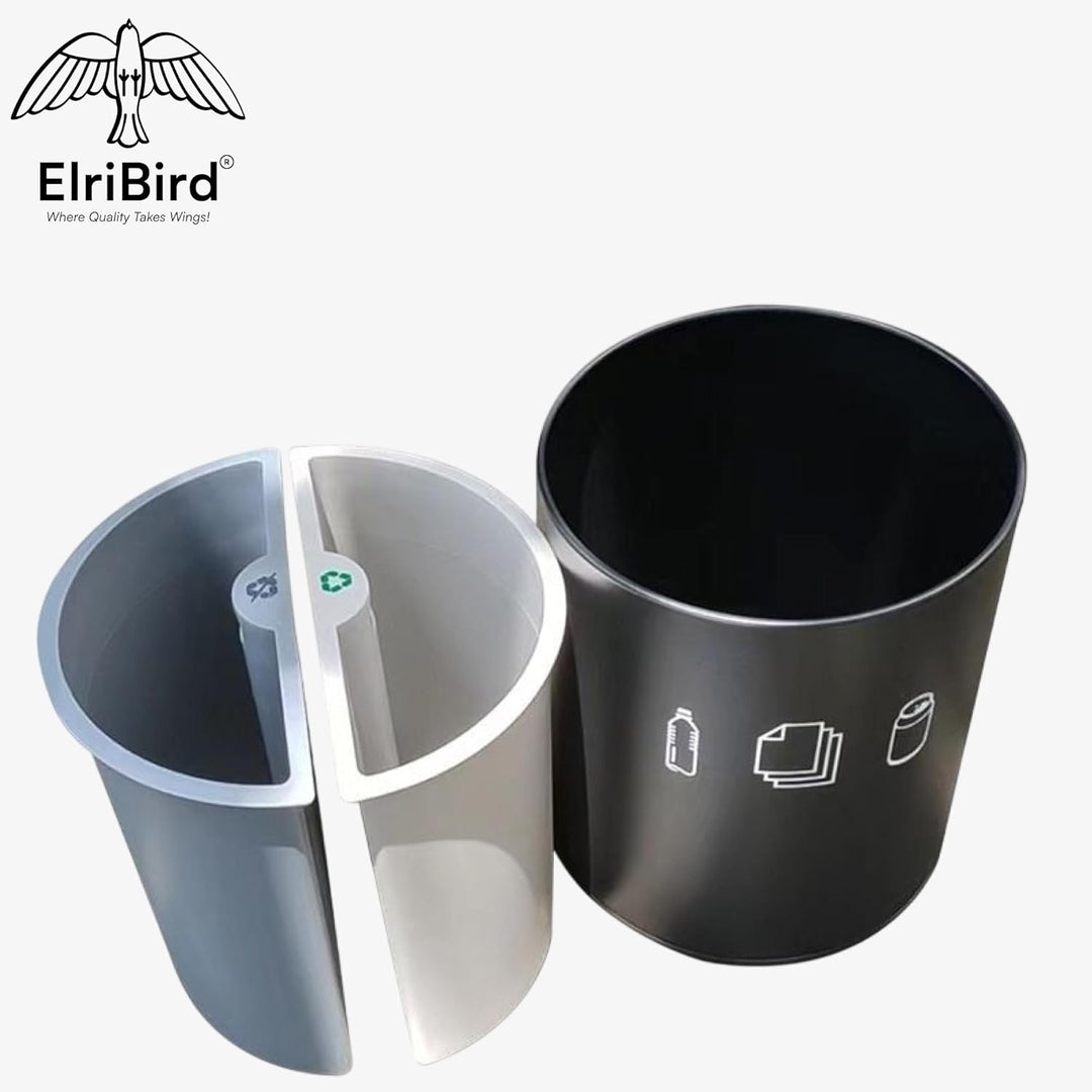 10 l Recyclingbehälter mit zwei Fächern – Schwarzer runder Metall-Abfallsortierbehälter mit 2 Fächer