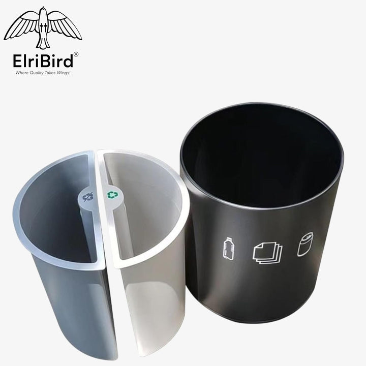 10 l Recyclingbehälter mit zwei Fächern – Schwarzer runder Metall-Abfallsortierbehälter mit 2 Fächer