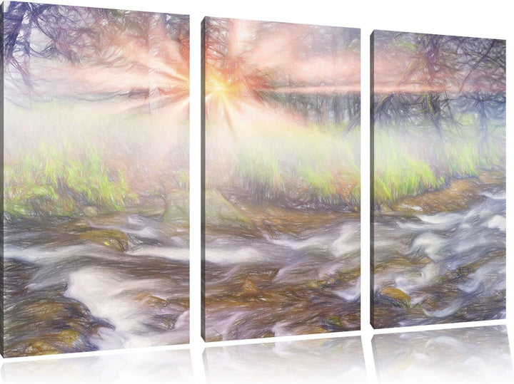 Pixxprint Nebeldickicht im Wald / 3-Teilig/Gesamtmass 120cm Leinwandbild bespannt auf Holzrahmen/Wan