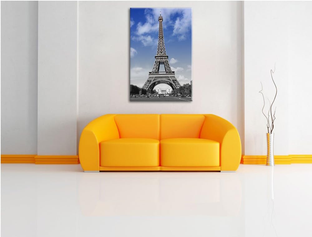 Eifelturm mit blauem Himmel Paris schwarz/weiss Format: 100x70 auf Leinwand, XXL riesige Bilder fert