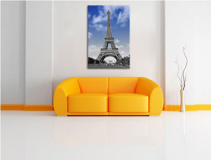 Eifelturm mit blauem Himmel Paris schwarz/weiss Format: 100x70 auf Leinwand, XXL riesige Bilder fert