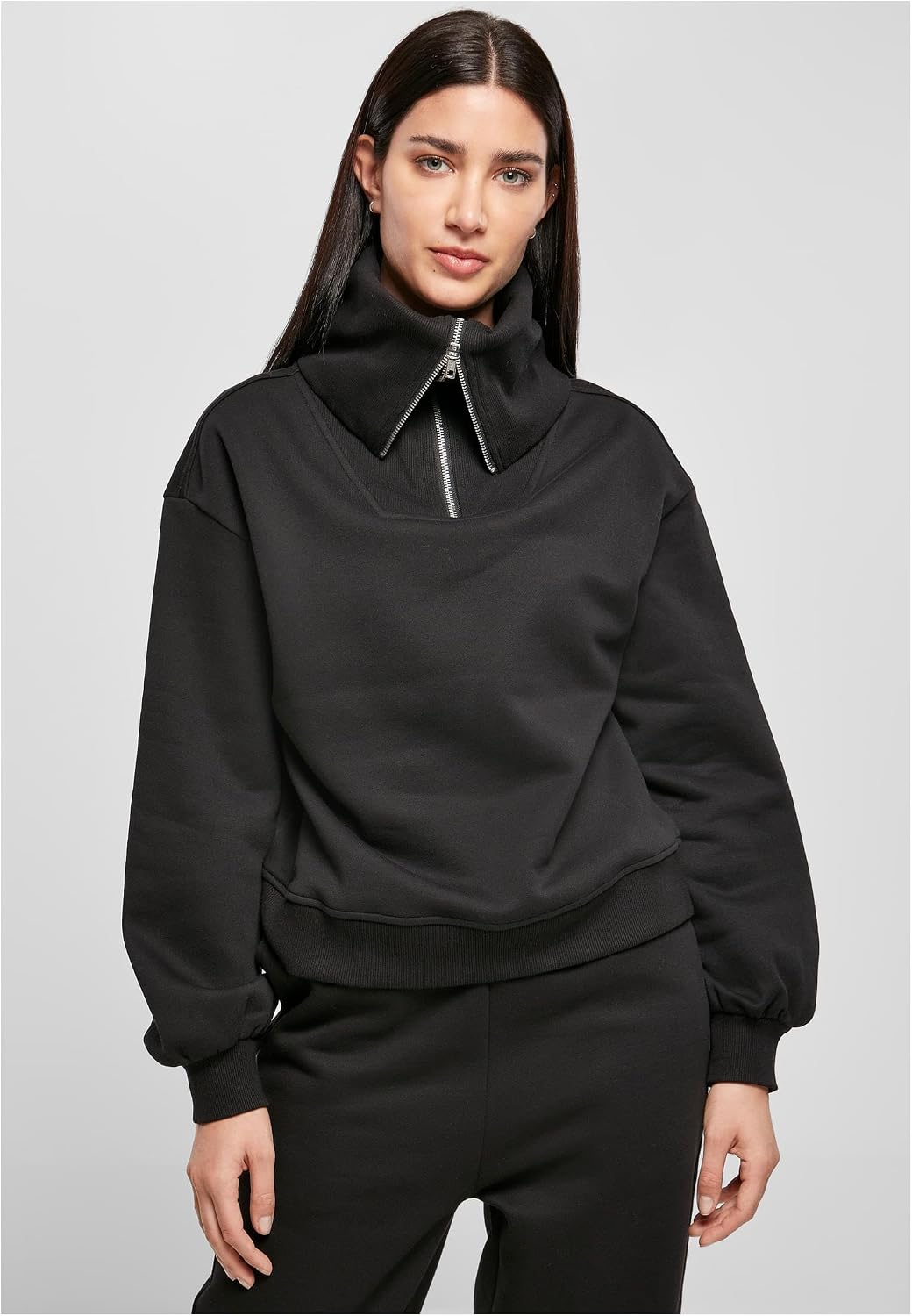 Urban Classics Damen Ladies Oversized High Neck Troyer Crew Sweatshirt XS Schwarz, XS Schwarz