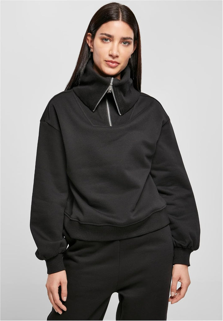 Urban Classics Damen Ladies Oversized High Neck Troyer Crew Sweatshirt XS Schwarz, XS Schwarz