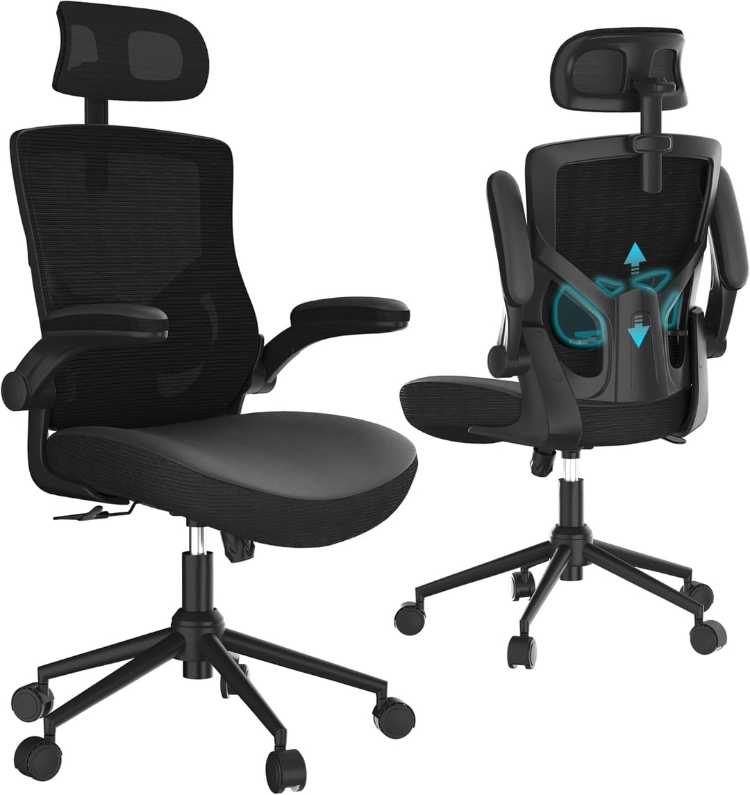 CYKOV Bürostuhl Ergonomisch, PC Stuhl mit Verstellbarer Kopfstütze & Klappbaren Armlehnen, Schreibti