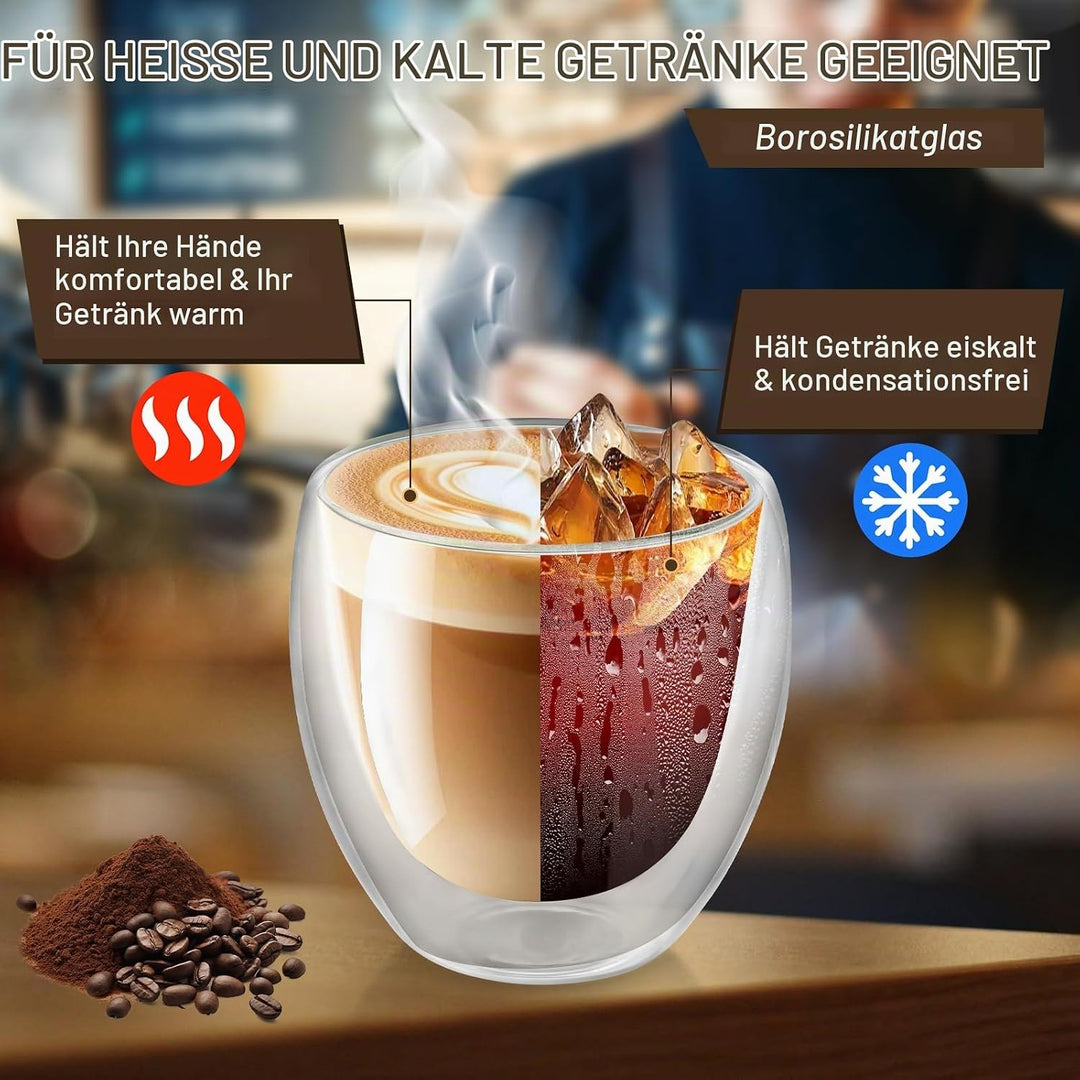 Cappuccino Tassen 6er Set, Cappuccino Gläser, 250ml Doppelwandiges Kaffeegläser, Schwebeeffekt, Ther