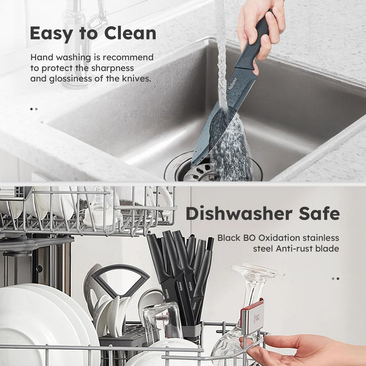 Messerblock Set,Yabano 14-teilig Küchenmesserset mit Integriertem Messerschärfer, Scharfes Schwarzes