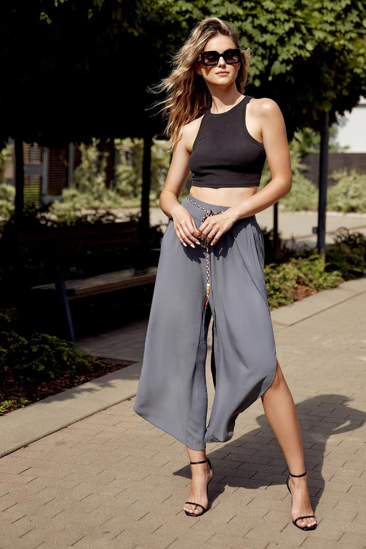 Och Bella Weite Lockere Damenhose mit Geschlitztem Bein Damenhose mit Schlitzen Wickelbeinen, Luftig