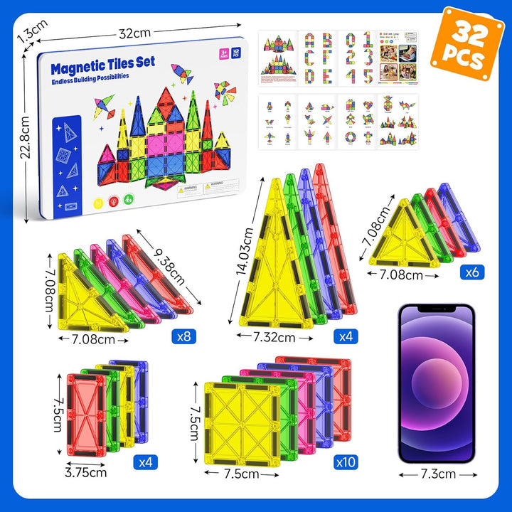 Magnetische Bausteine Fliesen Set, 32 Stück Grosse Magnetbausteine (7,5 cm) mit Metallkasten, Pädago