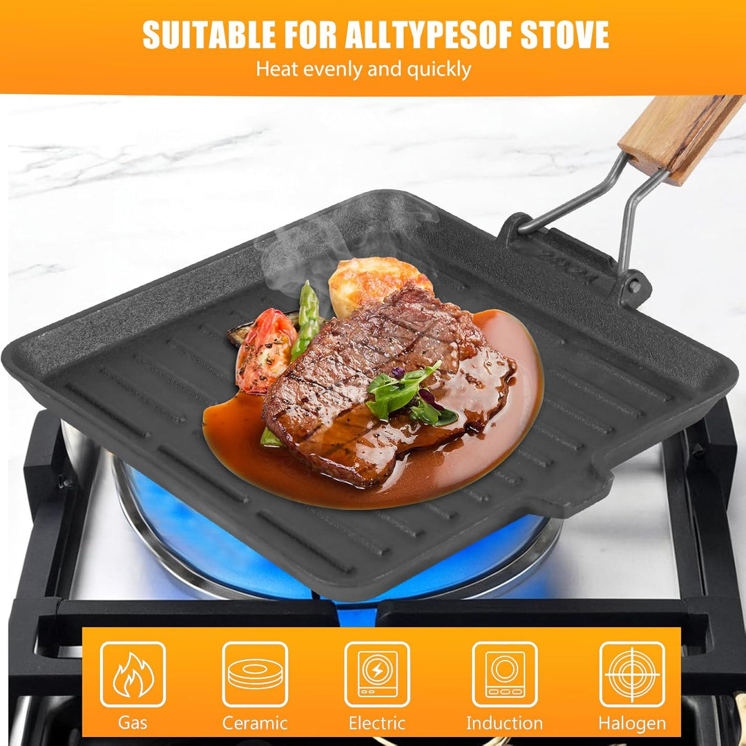 Houkiper Steakpfanne 24x24 cm – Rechteckige Steakpfanne mit Grillrillen, Grillpfanne Gusseisen Induk