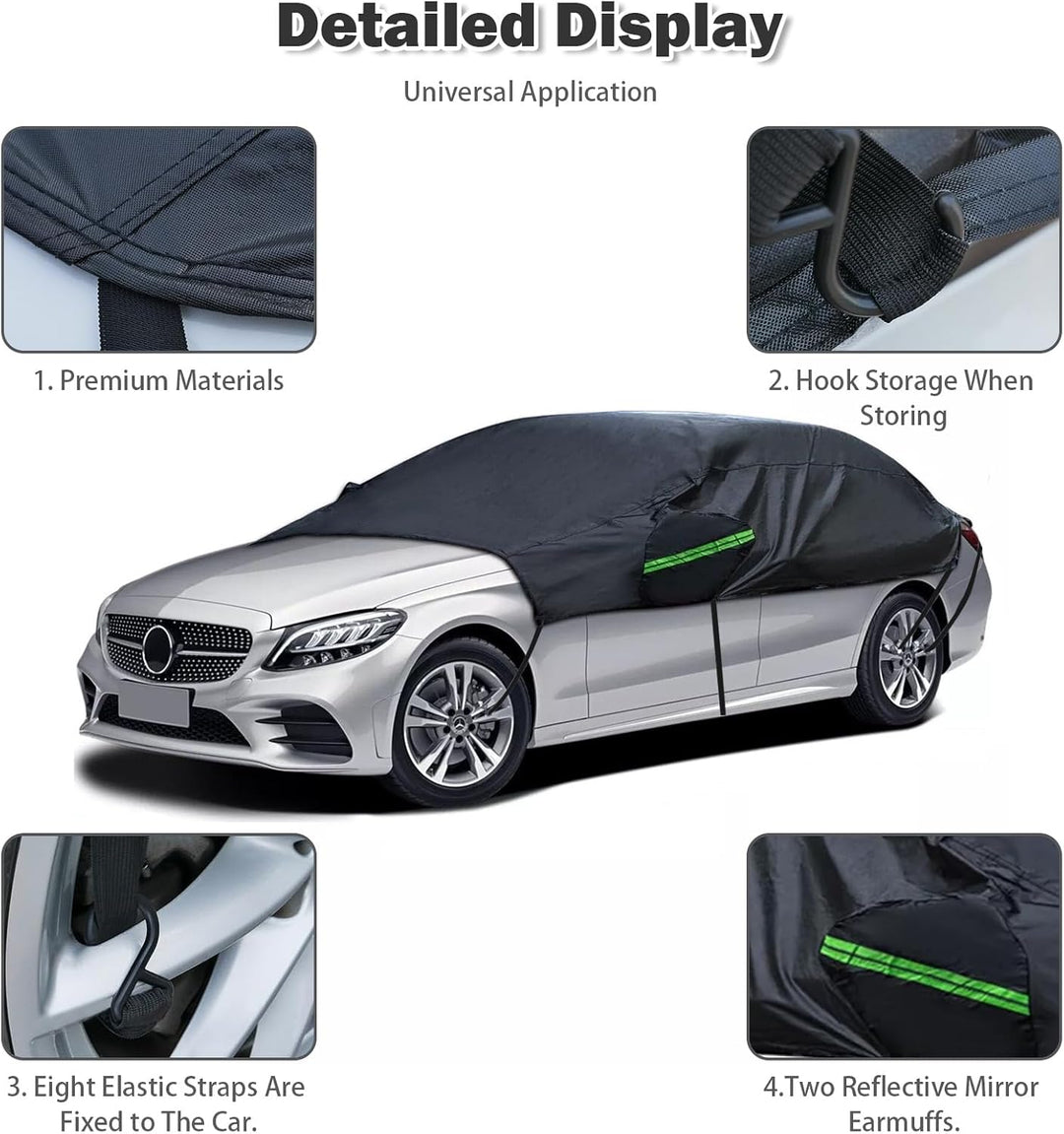 Universal Halbgarage Autoabdeckung,Halbe Autoabdeckung mit Haken und Riemen, Wasserdicht Autogarage
