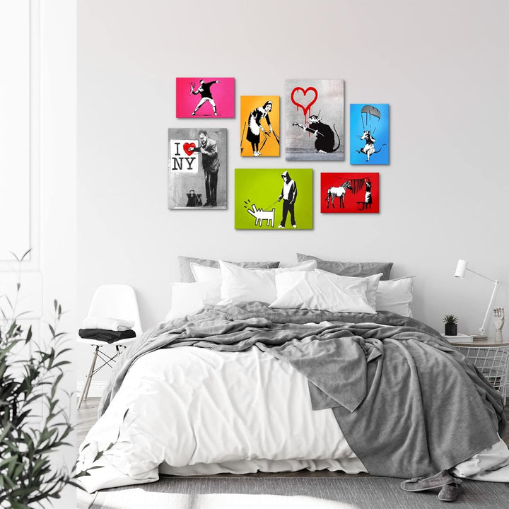 Novart Wandbilder Banksy Collage - KOMPLETT AUFHÄNGFERTIG - Bunt Wohnzimmer Büro - 7 Moderne Mood-Bi