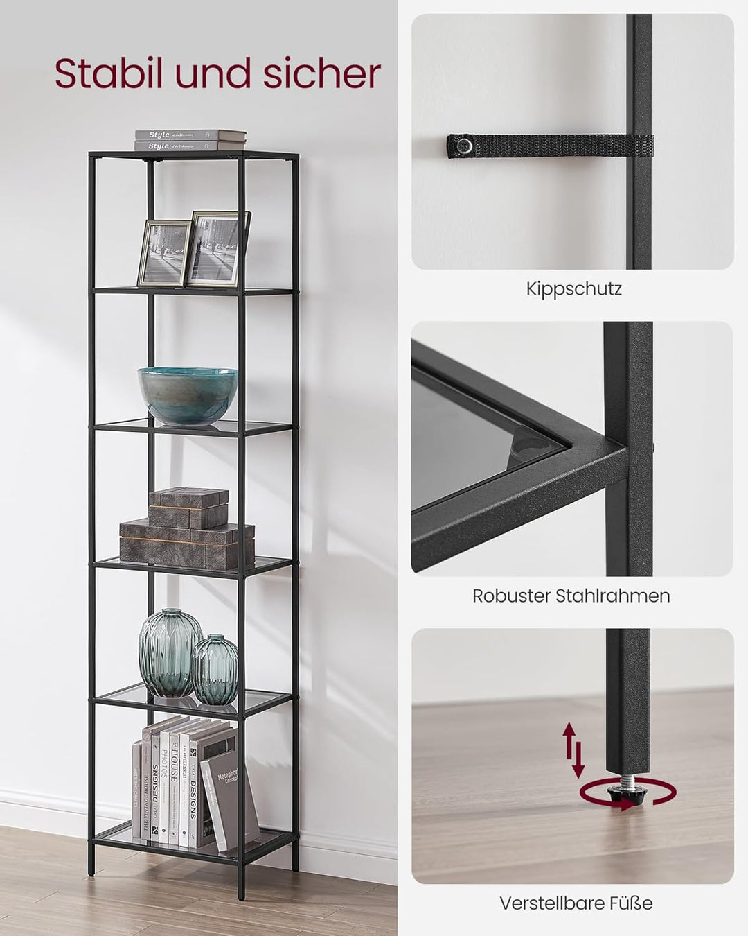 VASAGLE Badregal mit 6 Ablagen, gehärtetes Glas, einfache Montage für Badezimmer, Wohnzimmer, Küche,