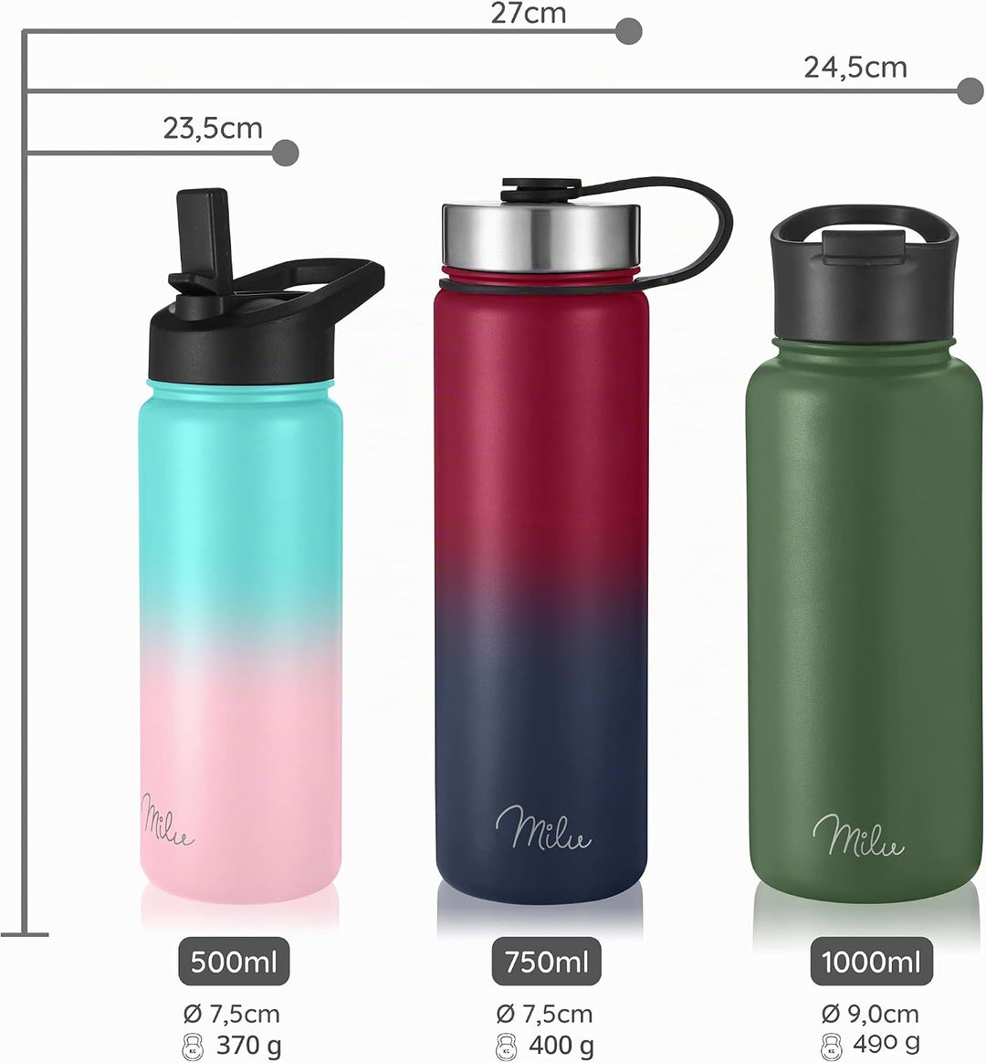 Milu Edelstahl Trinkflasche 500ml, 750ml, 1000ml (+3 Deckel) - Thermosflasche mit Strohhalm, Isolier