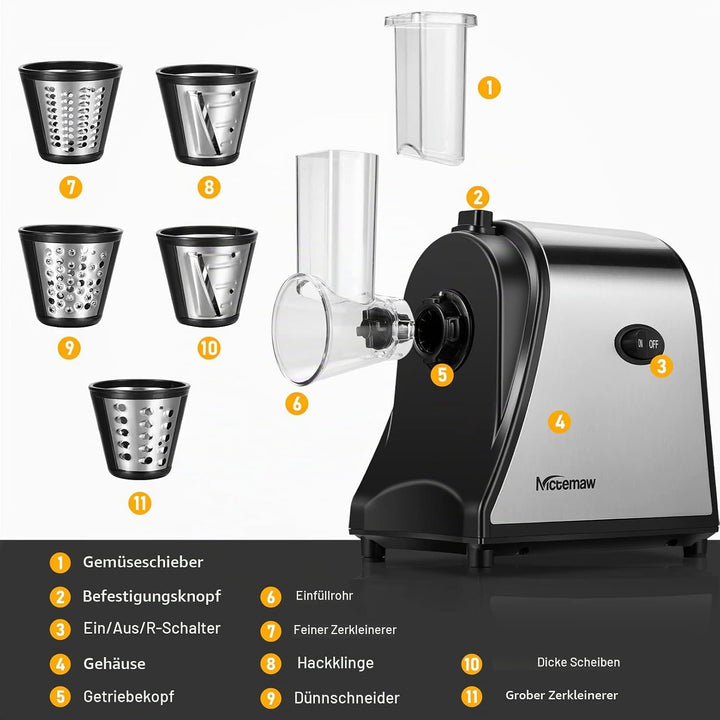 COOCHEER Gemüsehobel Elektrisch Edelstahl, 250W Multi Gemüseschneider Gemüsereibe Küchenreibe Gemüse