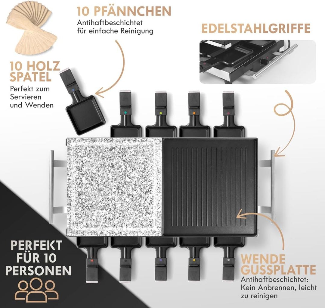 ProfiCook PC-RG 1144 Raclette/Tischgrill mit Naturgrillstein und Wendegussplatte, 10 Pfännchen, 10 H