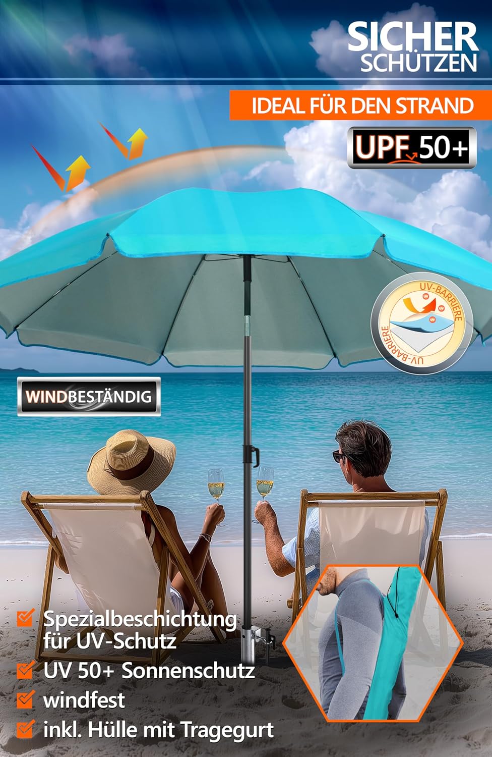 4smile Sonnenschirm Strand Ø 200 cm SET mit Eindrehbodenhülse, Türkis | Strandschirm Windfest Stabil