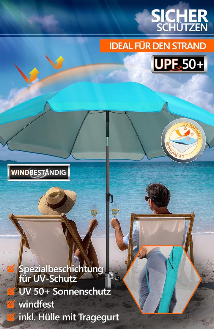 4smile Sonnenschirm Strand Ø 200 cm SET mit Eindrehbodenhülse, Türkis | Strandschirm Windfest Stabil