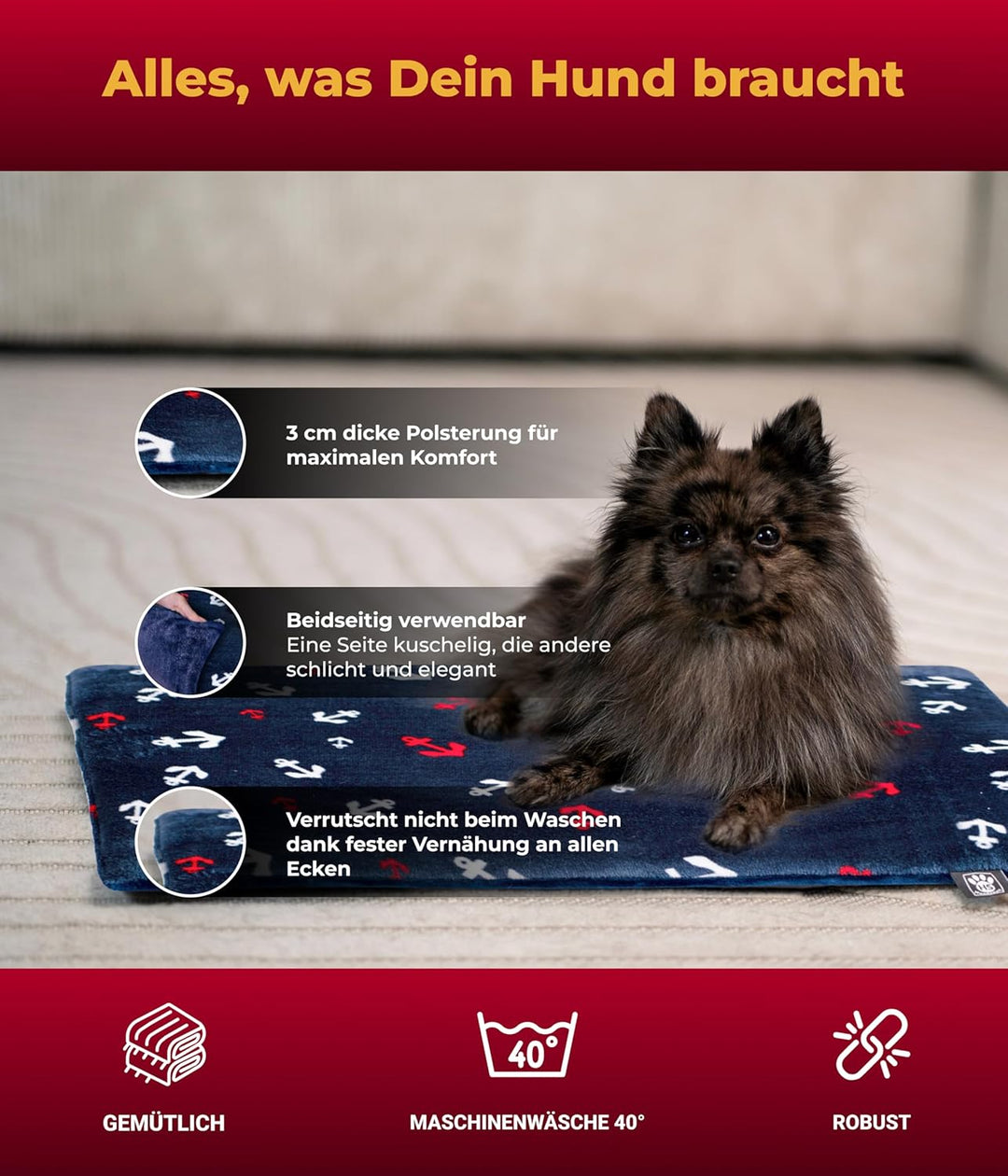 HS-Hundebett® Hundedecke XS (45x65 cm) – Wendbar & gemütlich Dank 3 cm Füllung – Perfekt fürs Sofa,