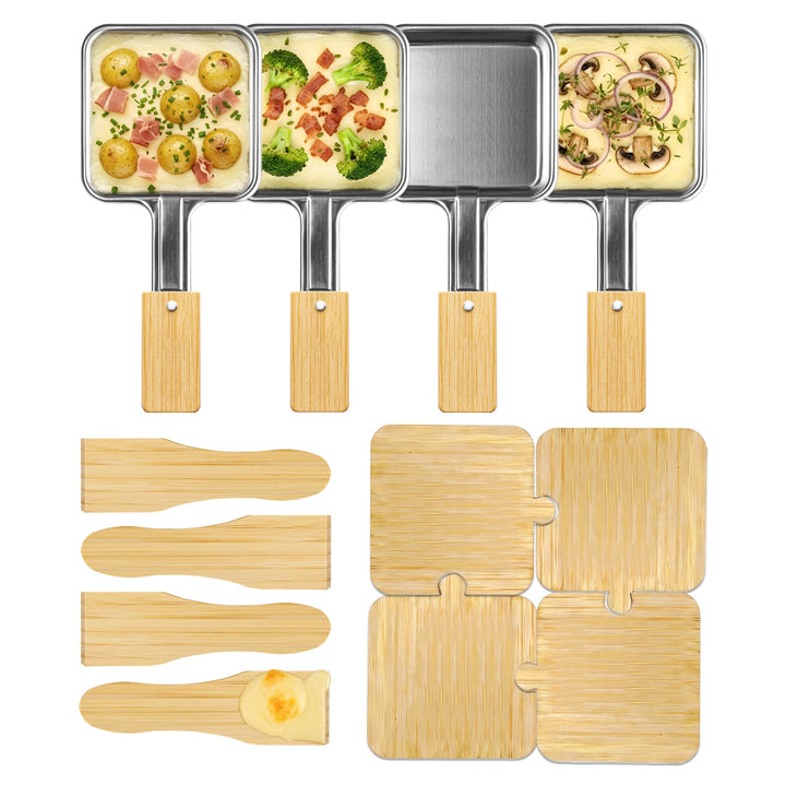 4er Set Edelstahl quadratische Raclette-Käsepfannen mit verlängertem Griff &amp; Bambusgriff, 4 Bambussp