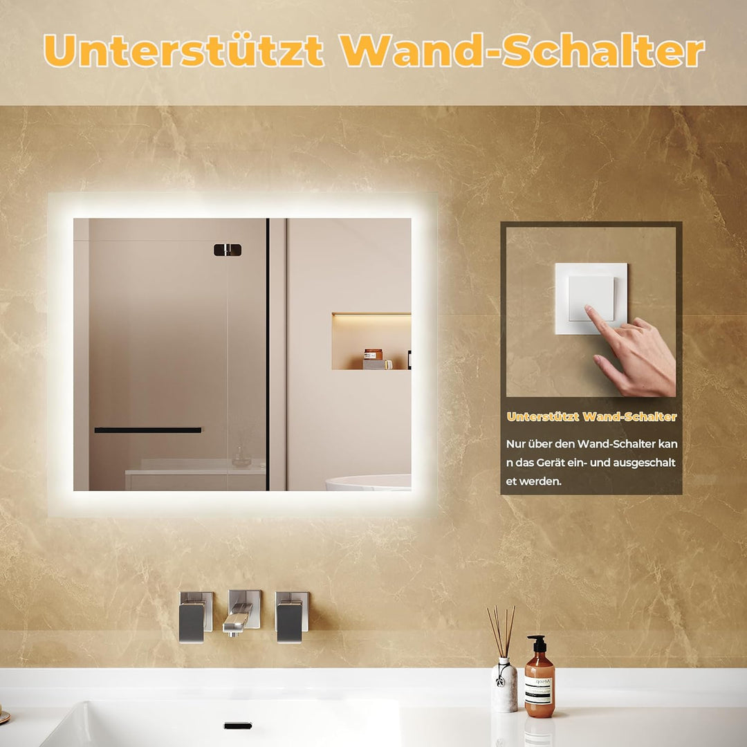 Badspiegel mit Beleuchtung, 60x50x3.5cm, Spiegel mit Beleuchtung 6400K, 3.5 cm kupferfreiem silberne