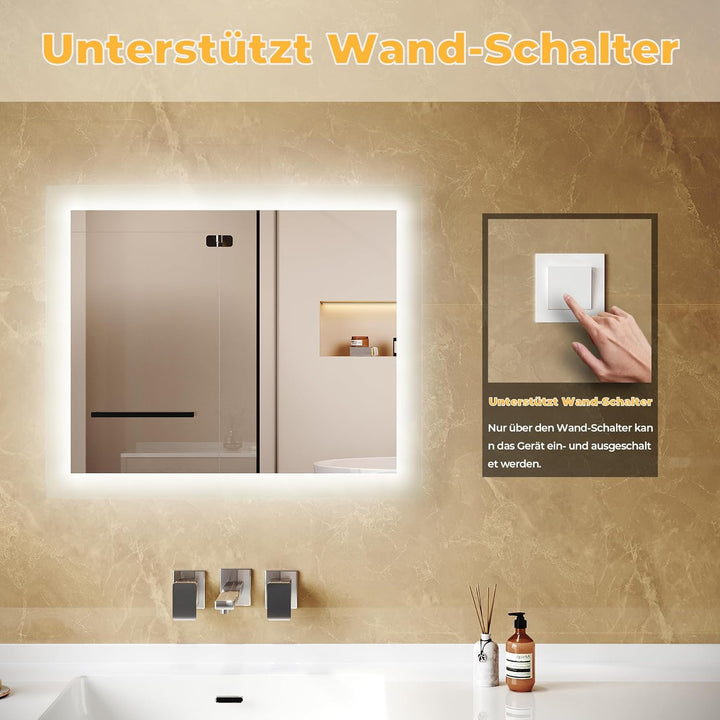 Badspiegel mit Beleuchtung, 60x50x3.5cm, Spiegel mit Beleuchtung 6400K, 3.5 cm kupferfreiem silberne