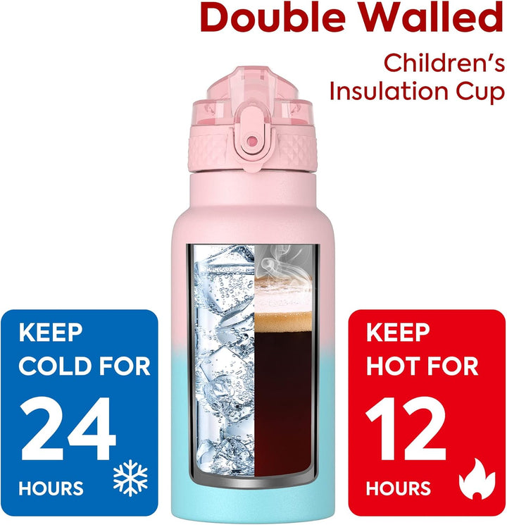 OLDLEY 500ml Kinder Edelstahl Wasserflasche mit Stroh für Schule mit 2 verschiedenen Deckeln, Metall
