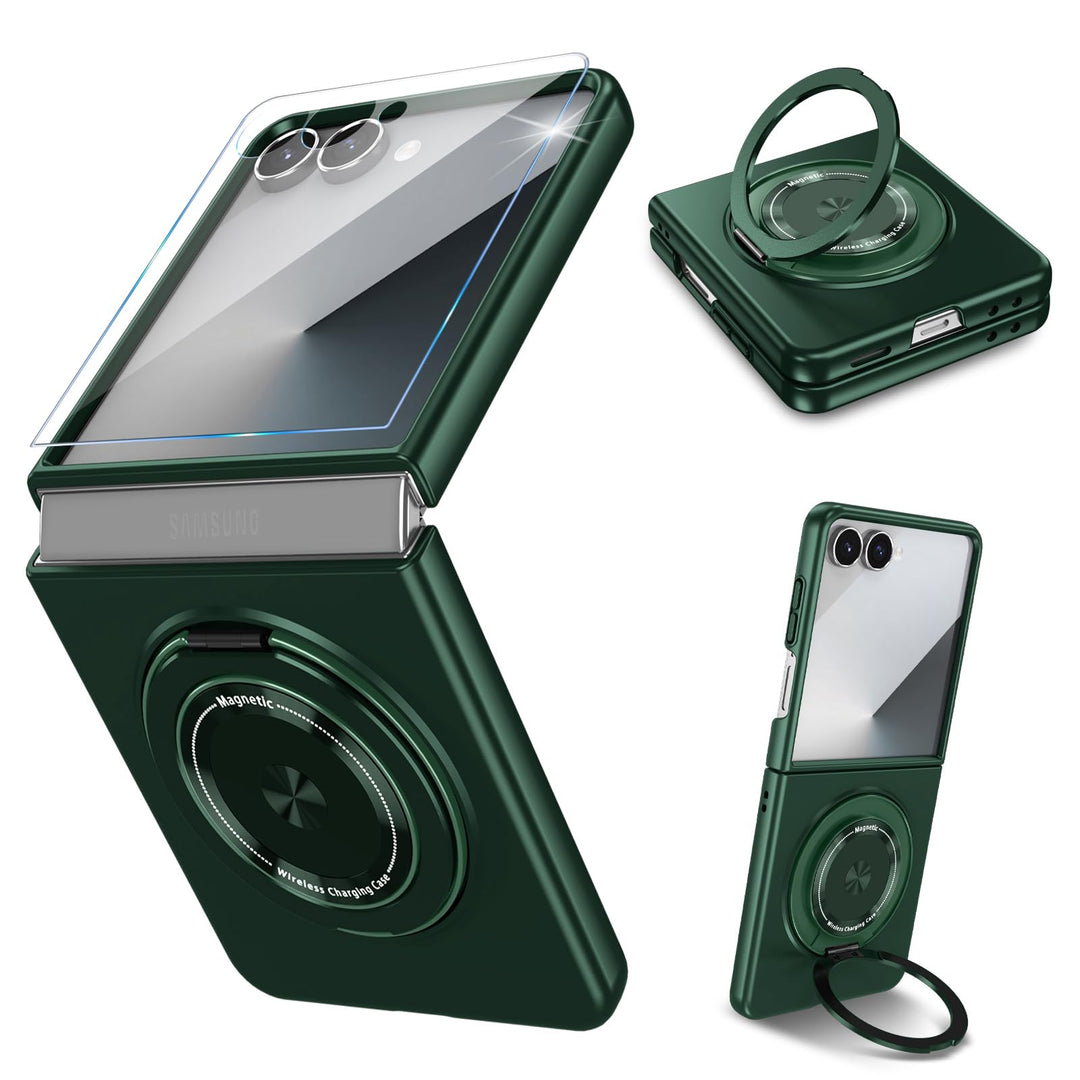 Handyhülle für Samsung Galaxy Z Flip 7 Hülle mit Schutzfolie, 360 Grad Magnetisch Metall Ring Stände