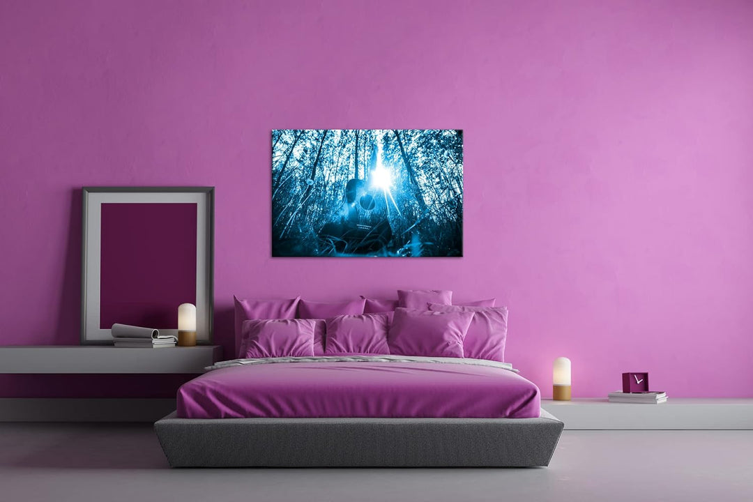 deyoli akustische Gitarre im idyllischen Wald Format 80x60 Effekt: Monocrome Blau als Leinwandbild,