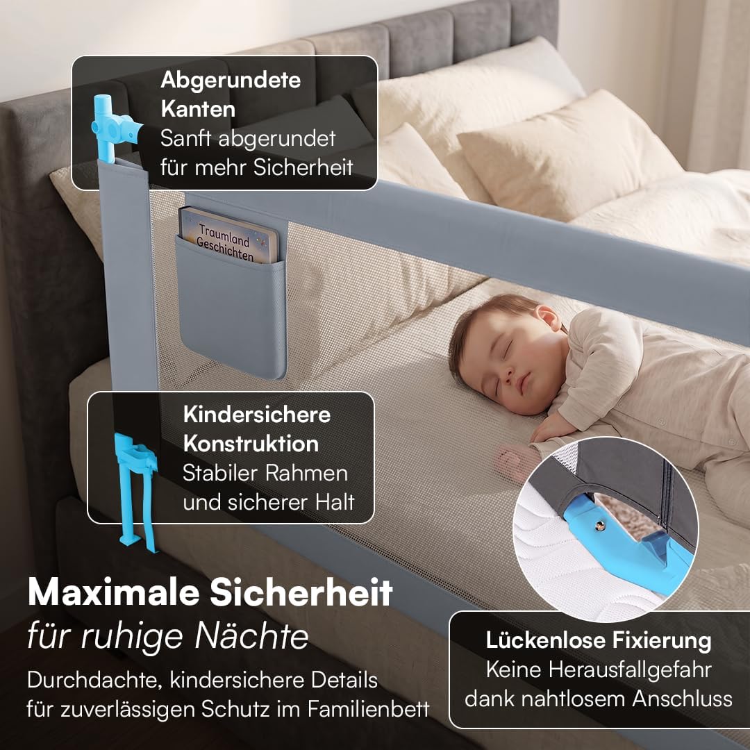 Bellabino Drina Rausfallschutz – Bettschutzgitter 150 cm Dunkelgrau – Bettgitter höhenverstellbar 69