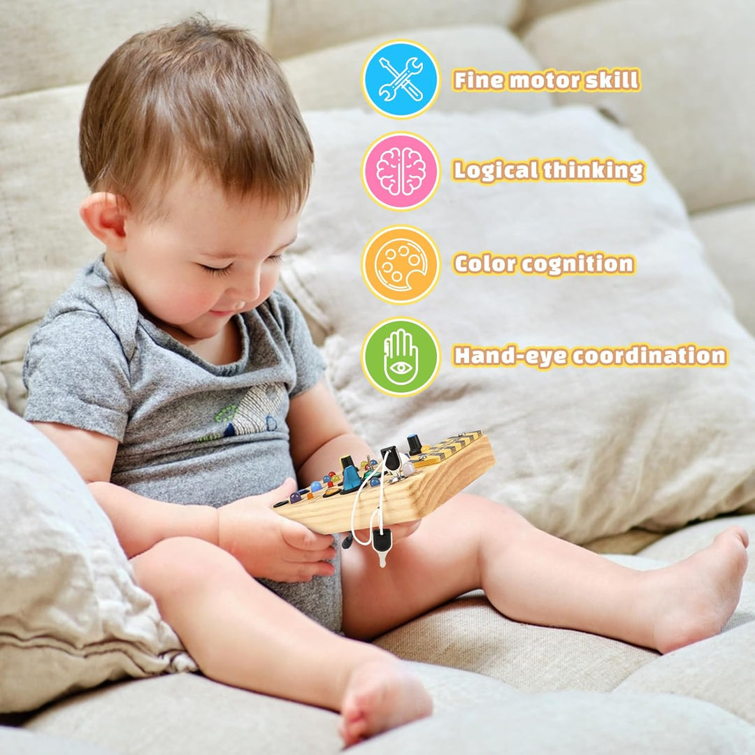 Baby Montessori Busy Board ab 2 Jahr, Motorikspielzeug mit 19 LED, Activity Board Holzspielzeug Lern