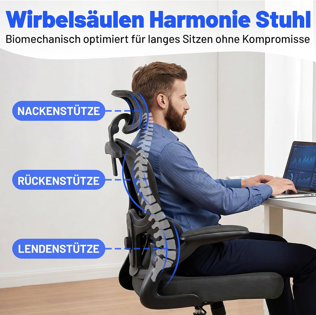 Bürostuhl Ergonomisch mit Kopfstütze, Verstellbarer Lendenwirbelstütze &amp; Netzbespannung, Höhenverste