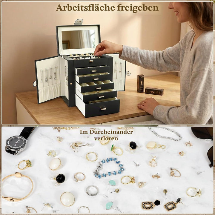 KAMIER Schmuckkästchen für Damen, grosse Schmuckschatulle mit 6 Ebenen, Schmuckbox mit Spiegel und 5