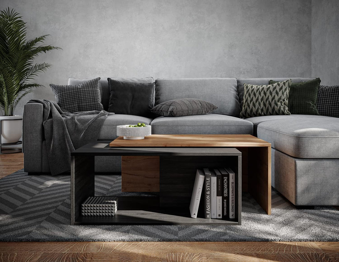 PLATAN ROOM Couchtisch Kaffeetisch 2er Set 90x48x40 cm, moderner Wohnzimmertisch, Sofatisch mit Stau