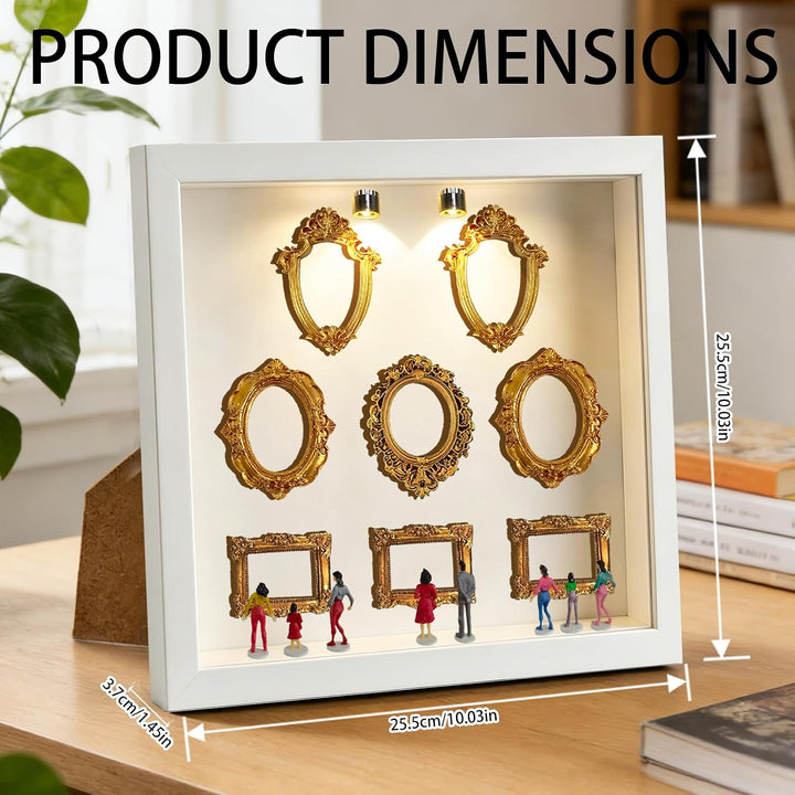 YOUYIKE Mini Museum Bilderrahmen mit LED Licht, DIY Weisser Rand Museum of us mit 8 Mini Gold Kleine
