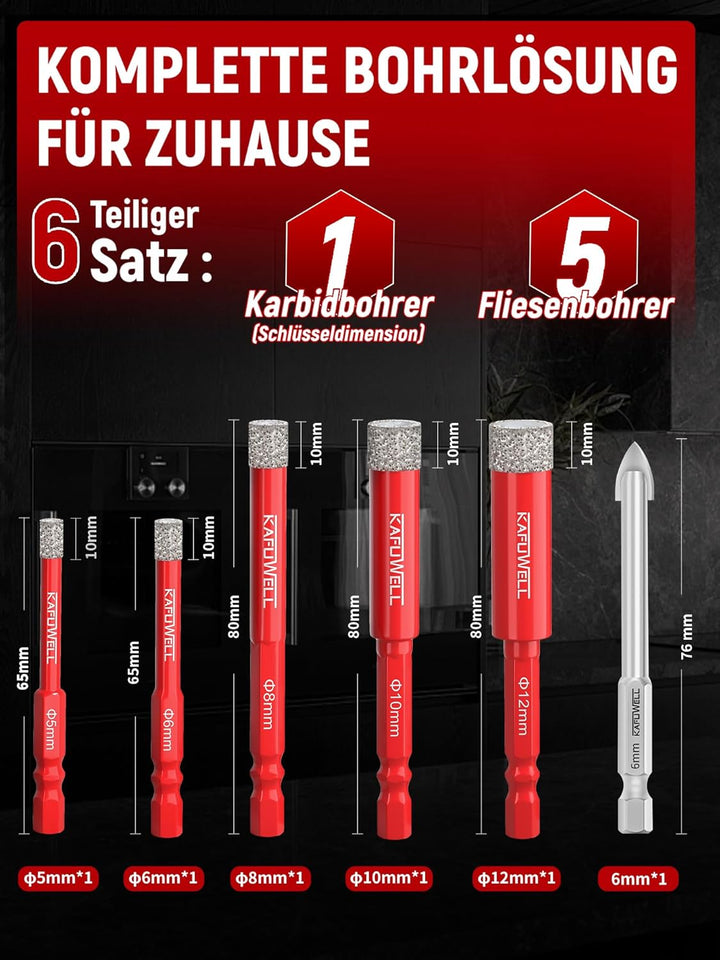 Fliesenbohrer Diamantbohrer Profi-Set 6tlg, 5-12mm Glasbohrer & 6mm Karbid-Anbohrer, 1/4" Sechskant