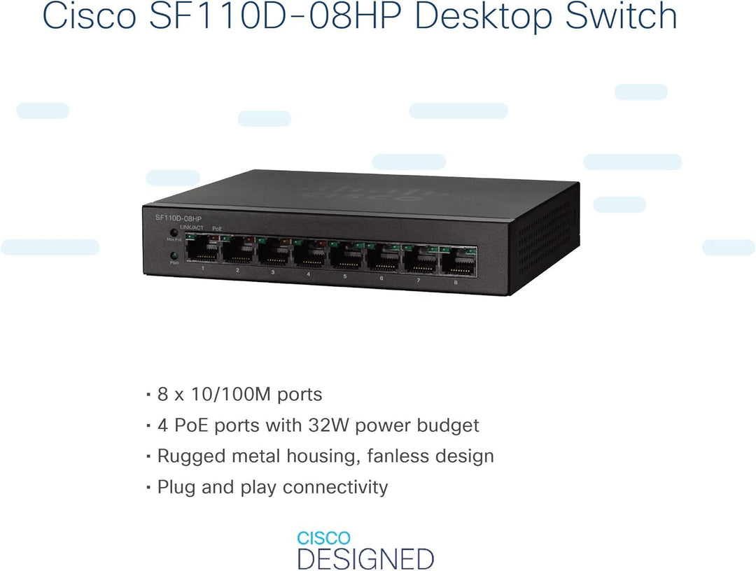 Cisco Small Business SF110D-08HP No Managed L2 Fast Ethernet (10/100) Schwarz Unterstützung Power Ov