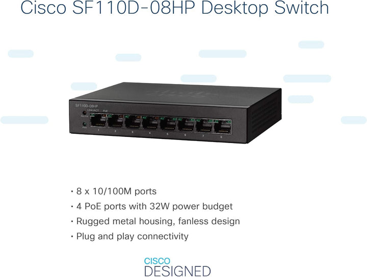 Cisco Small Business SF110D-08HP No Managed L2 Fast Ethernet (10/100) Schwarz Unterstützung Power Ov