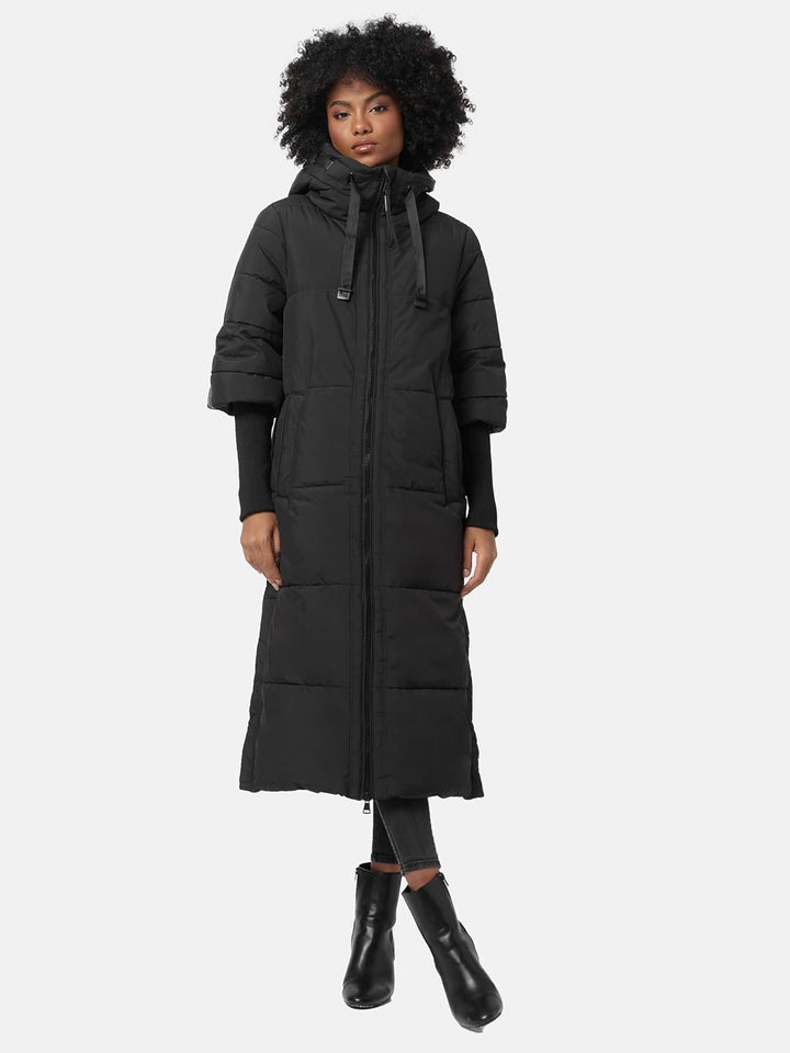 Navahoo Damen Wintermantel Warmer Steppmantel lang mit Kapuze und Rippstrickärmeln Ciao MIAU XIV XS-