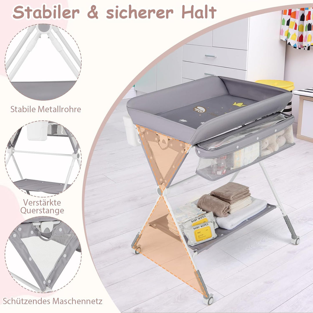DREAMADE Wickeltisch Klappbar, Tragbare Wickelstation Baby mit Wasserbecken, Aufbewahrungskorb, Sich
