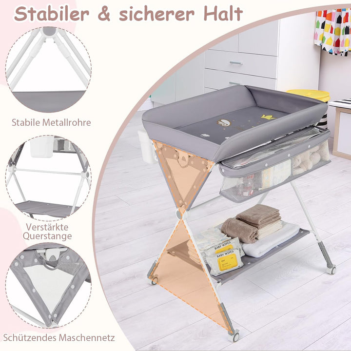 DREAMADE Wickeltisch Klappbar, Tragbare Wickelstation Baby mit Wasserbecken, Aufbewahrungskorb, Sich